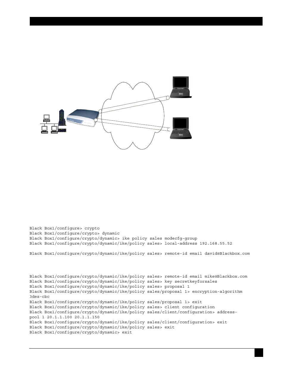 Step 1: as in step1 of example 1, Step 2: as in step2 of example 1, Step 3: as in step3 of example 1 | Step 5: display dynamic ike policies | Black Box LR1102A-T1/E1 User Manual | Page 39 / 142
