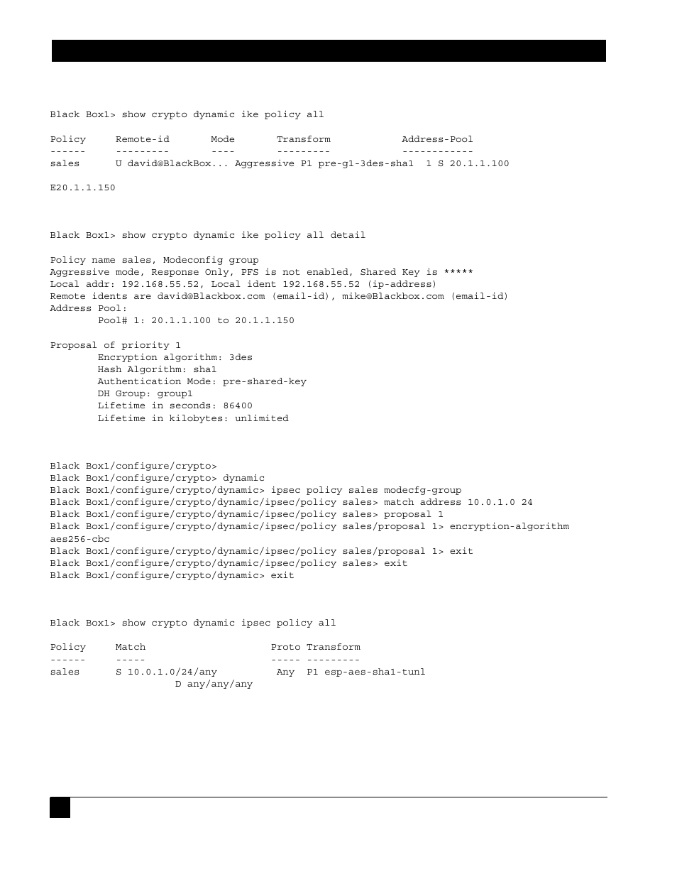 Step 6: display dynamic ike policies in detail, Step 8: display dynamic ipsec policies, Step 9: display dynamic ipsec policies in detail | Black Box LR1102A-T1/E1 User Manual | Page 40 / 142
