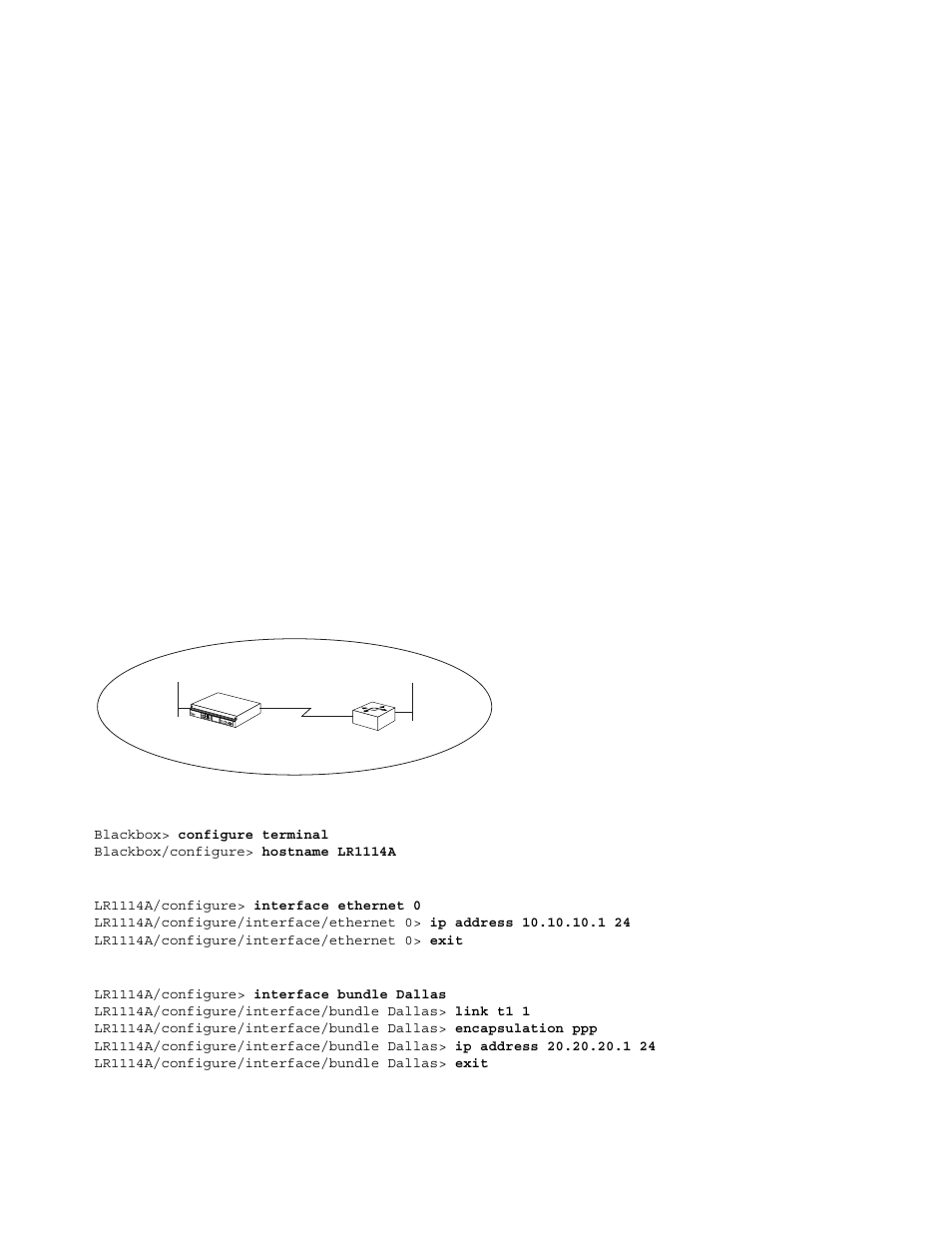 Configuring open shortest path first routing, 1 ospf routing protocol, 1 configuring the host name | 2 configuring interface ethernet 0, 3 configuring interface bundle dallas, Onfiguring, Hortest, Irst, Outing, Ospf routing protocol | Black Box LR1102A-T1/E1 User Manual | Page 97 / 142