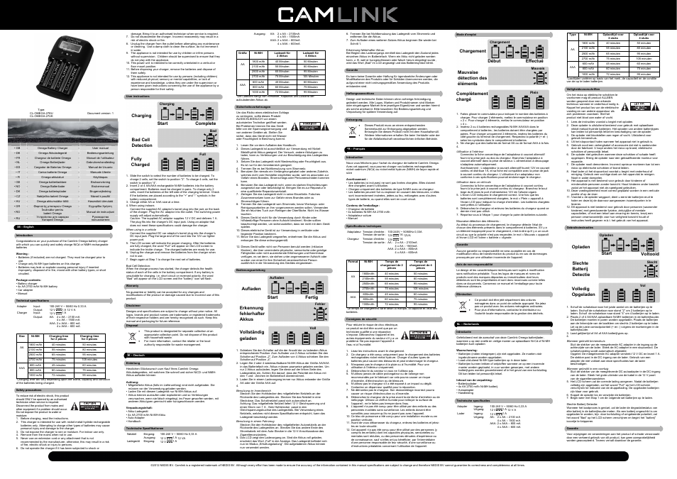 Camlink Omega EU Charger + 4 x 2700mAh Ni-MH Batteries User Manual | 4 pages