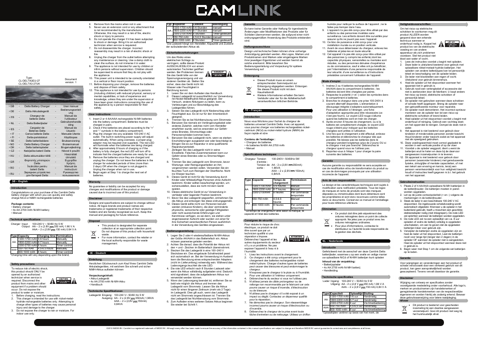 Camlink Delta3 UK Charger + 4 x AA 2700mAh Ni-MH Batteries User Manual | 4 pages