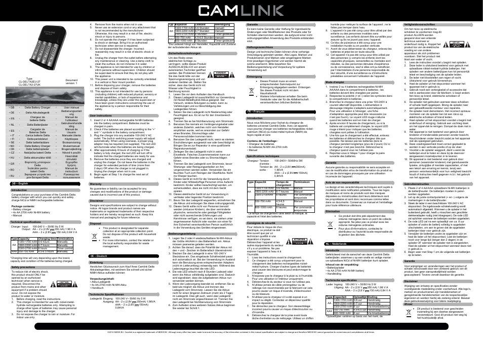 Camlink Delta3 EU Charger + 4 x AA 2700mAh Ni-MH Batteries User Manual | 4 pages