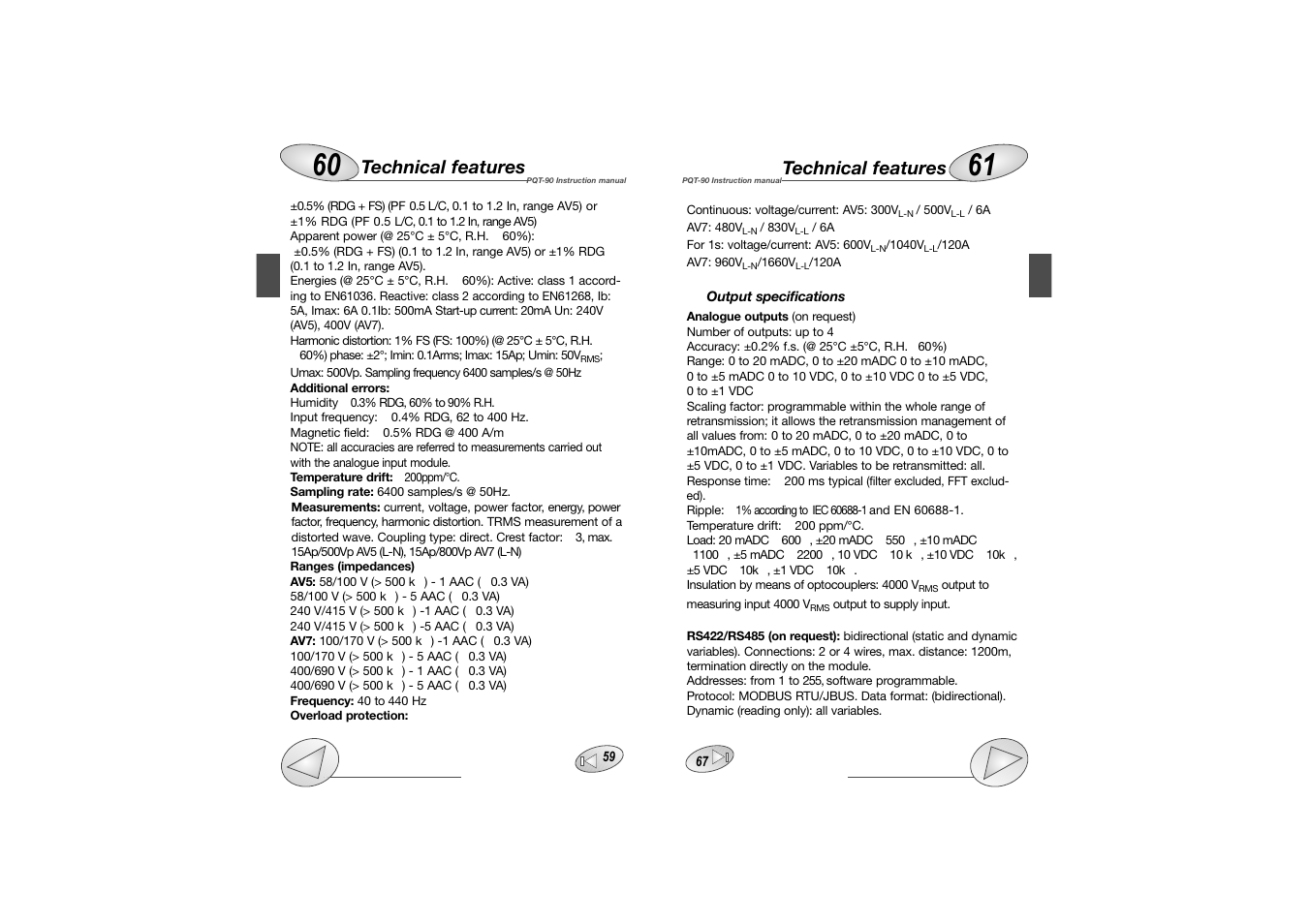 Technical features | Carlo Gavazzi PQT-90 User Manual | Page 32 / 46