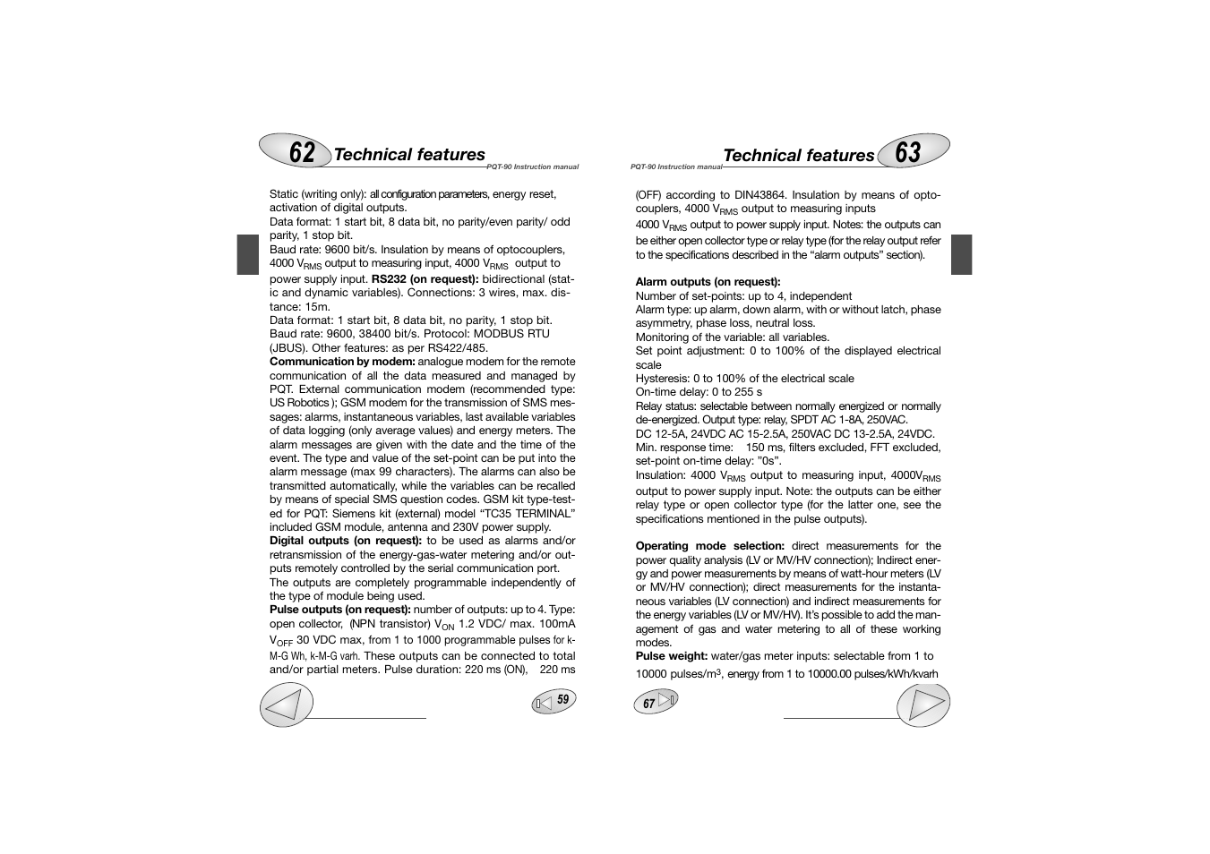 Technical features | Carlo Gavazzi PQT-90 User Manual | Page 33 / 46