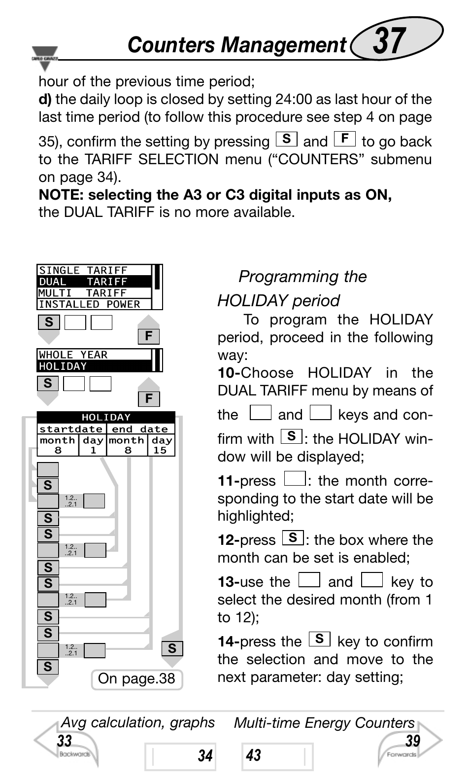 Counters management, Programming the holiday period | Carlo Gavazzi WM4-96 User Manual | Page 37 / 84