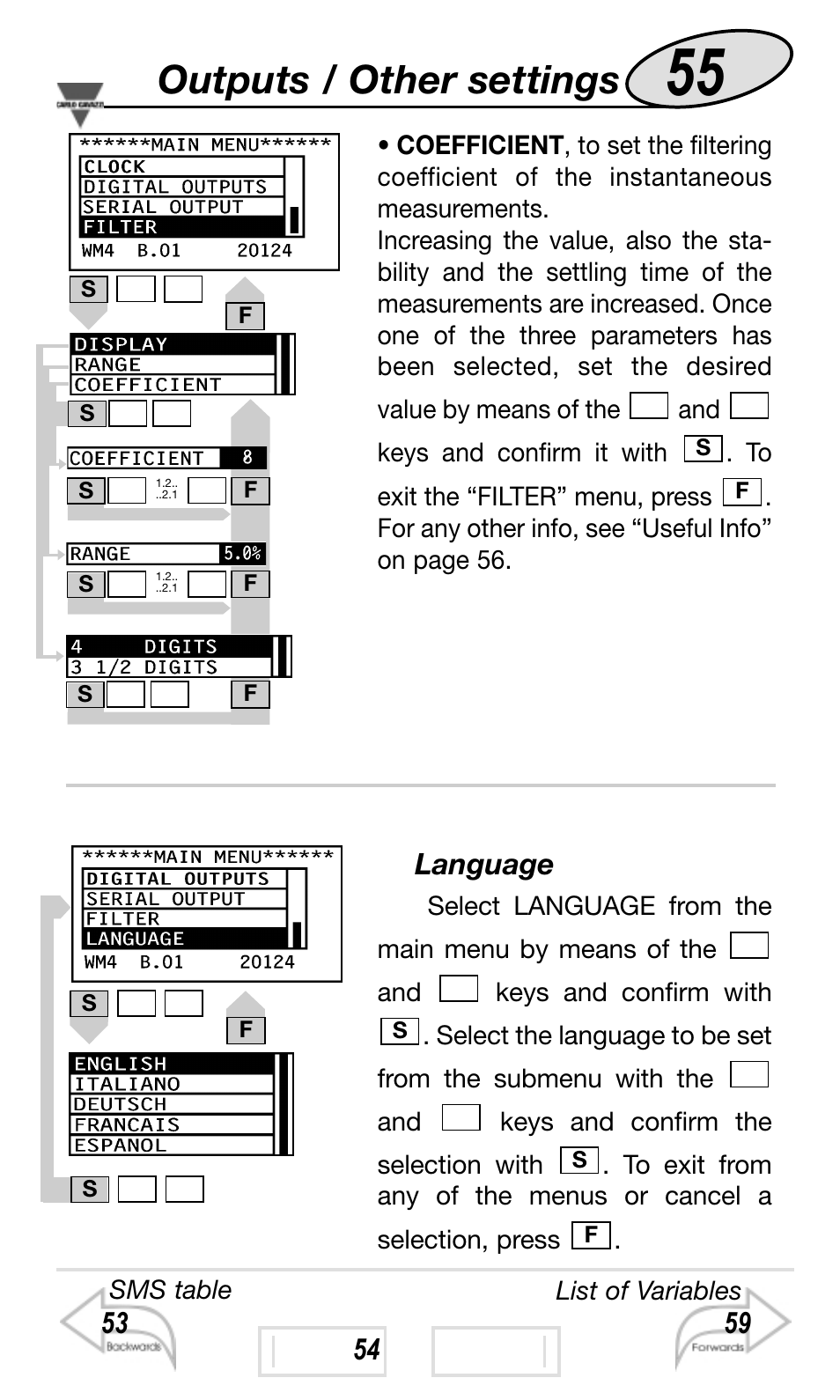 Outputs / other settings, Language | Carlo Gavazzi WM4-96 User Manual | Page 55 / 84