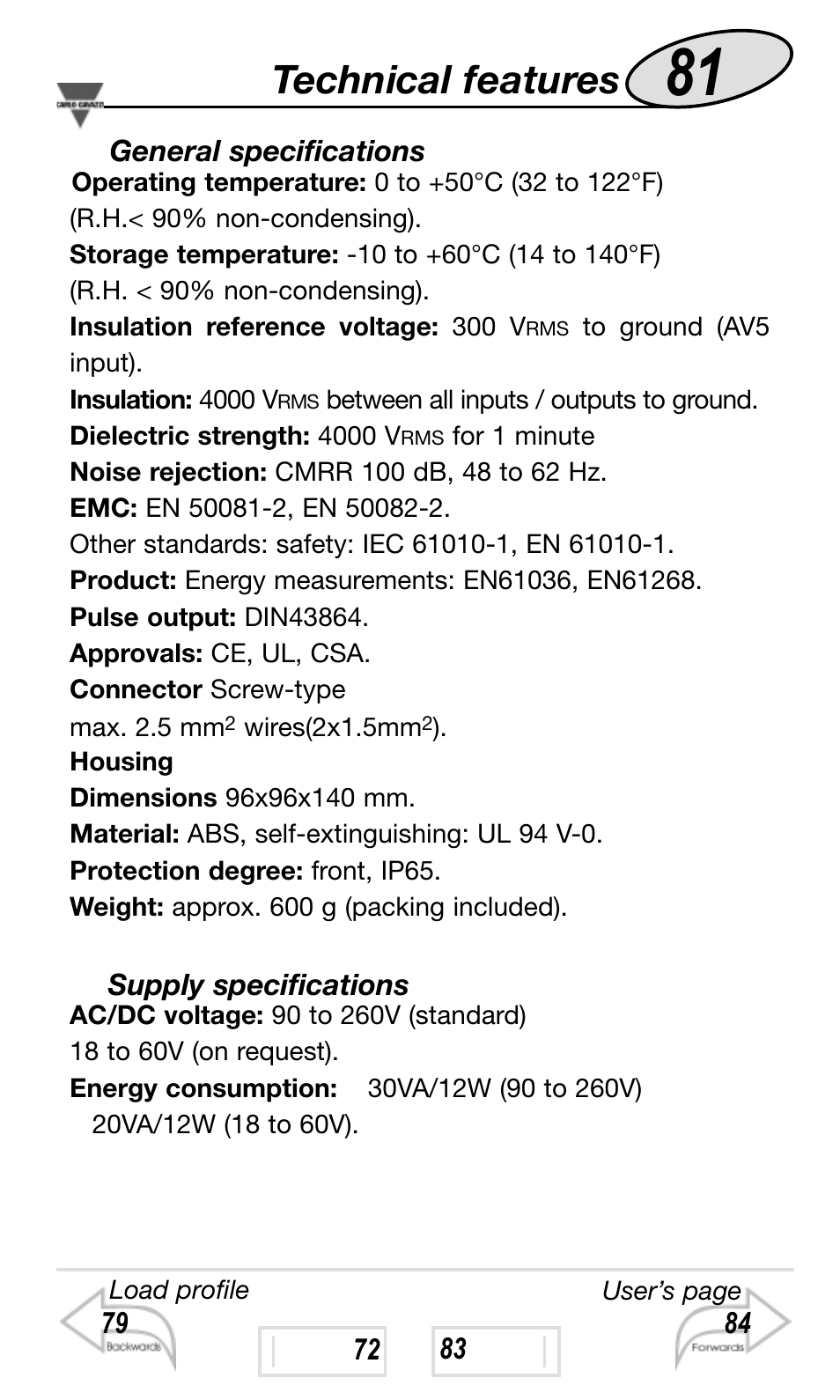 Technical features | Carlo Gavazzi WM4-96 User Manual | Page 81 / 84