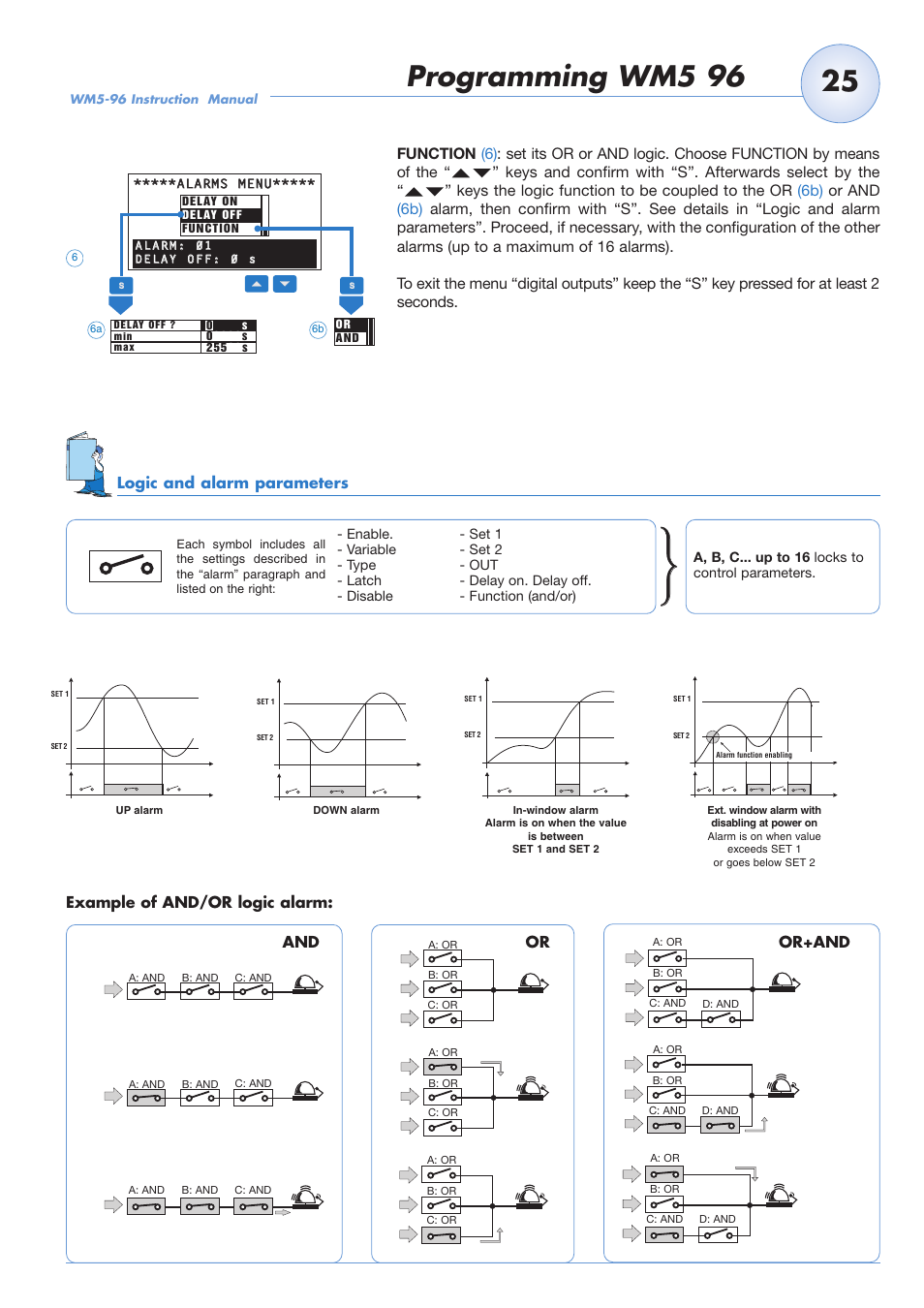 Programming wm5 96, Logic and alarm parameters, Example of and/or logic alarm | And or, Or+and | Carlo Gavazzi WM5-96 User Manual | Page 27 / 55