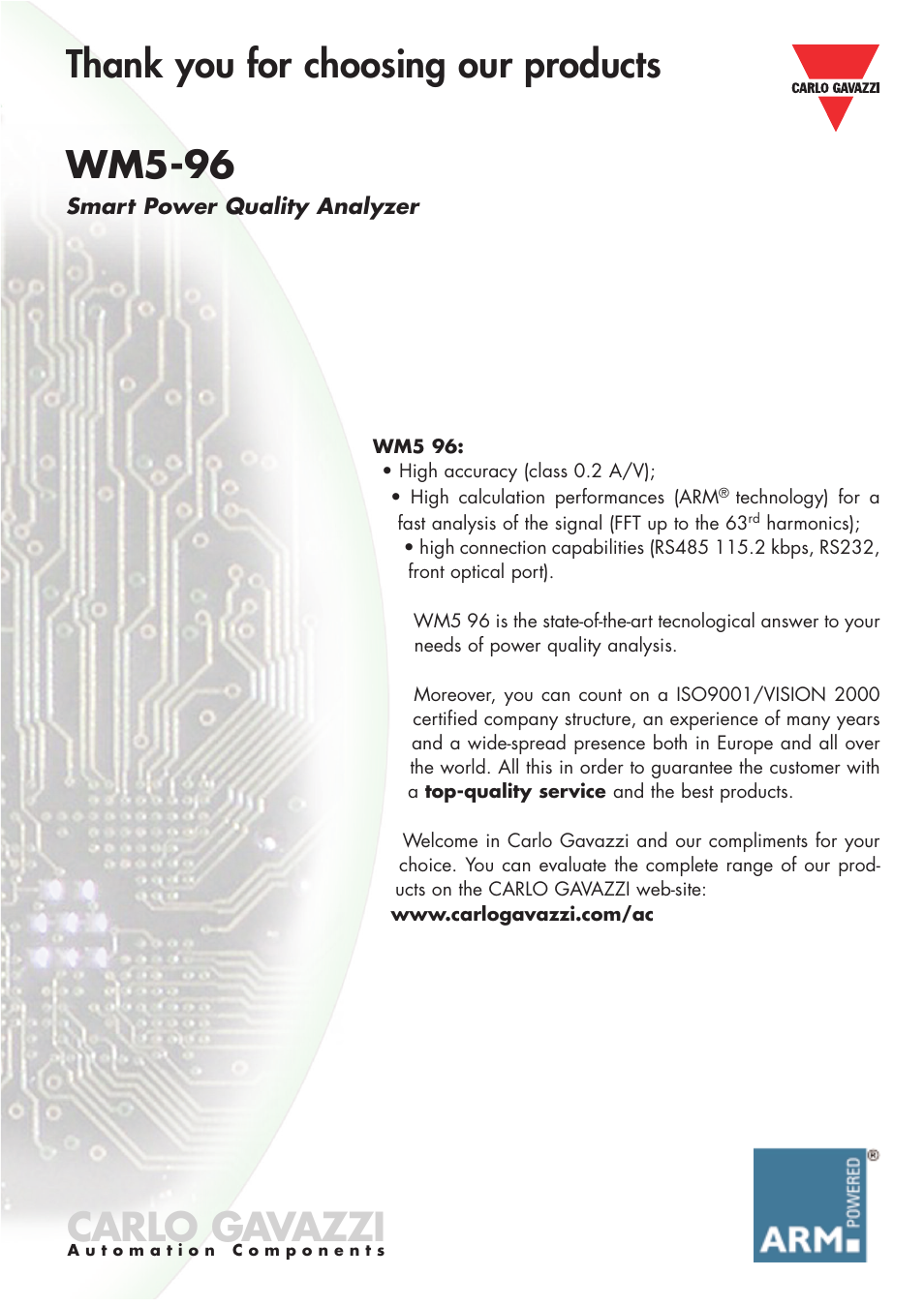 Carlo gavazzi, Smart power quality analyzer | Carlo Gavazzi WM5-96 User Manual | Page 3 / 55