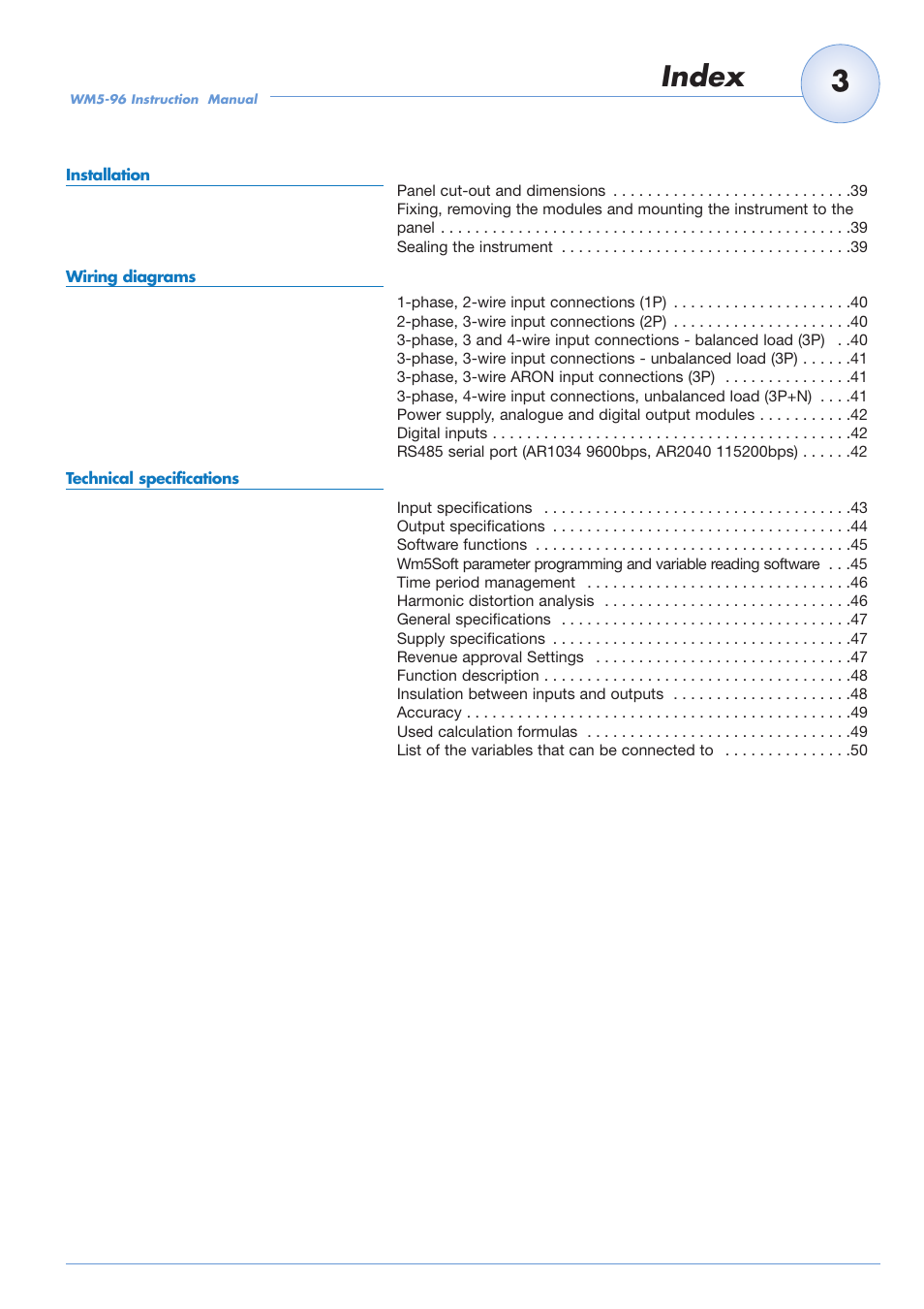 Index | Carlo Gavazzi WM5-96 User Manual | Page 5 / 55