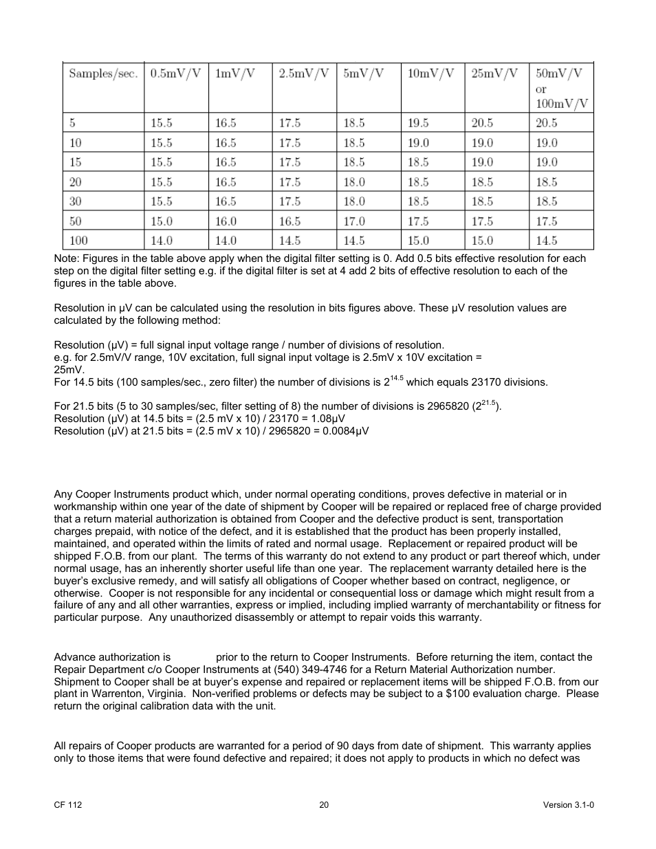 8 warranty | Cooper Instruments & Systems DFI 200 Hand Held Indicator User Manual | Page 20 / 21