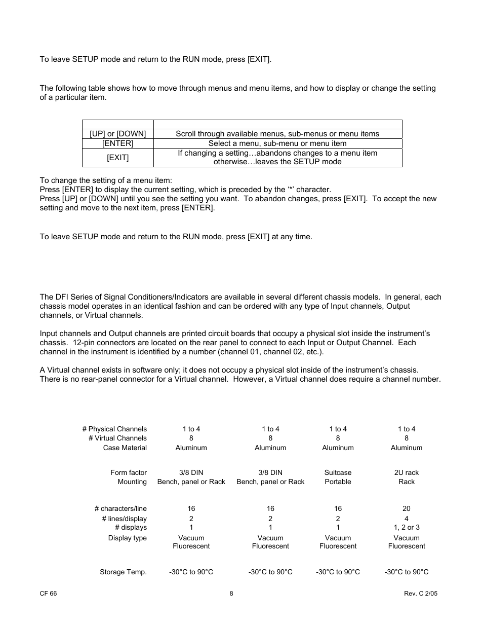0 chassis models, 3 moving through setup menus and menu items, 4 exiting the setup menu mode | 1 introduction, 2 specifications | Cooper Instruments & Systems DFI 1650 Multi-Channel Digital Force Indicator User Manual | Page 14 / 89