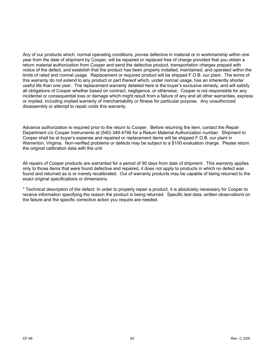 Warranty repair policy | Cooper Instruments & Systems DFI 1650 Multi-Channel Digital Force Indicator User Manual | Page 89 / 89