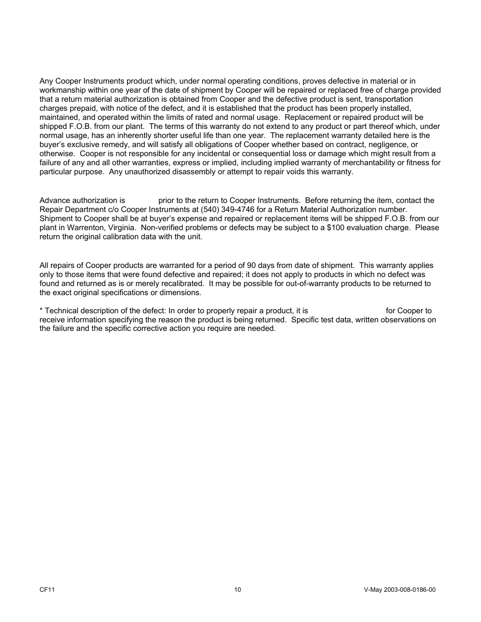 0 warranty repair policy | Cooper Instruments & Systems DFI 7000 Digital Force Indicator User Manual | Page 10 / 10