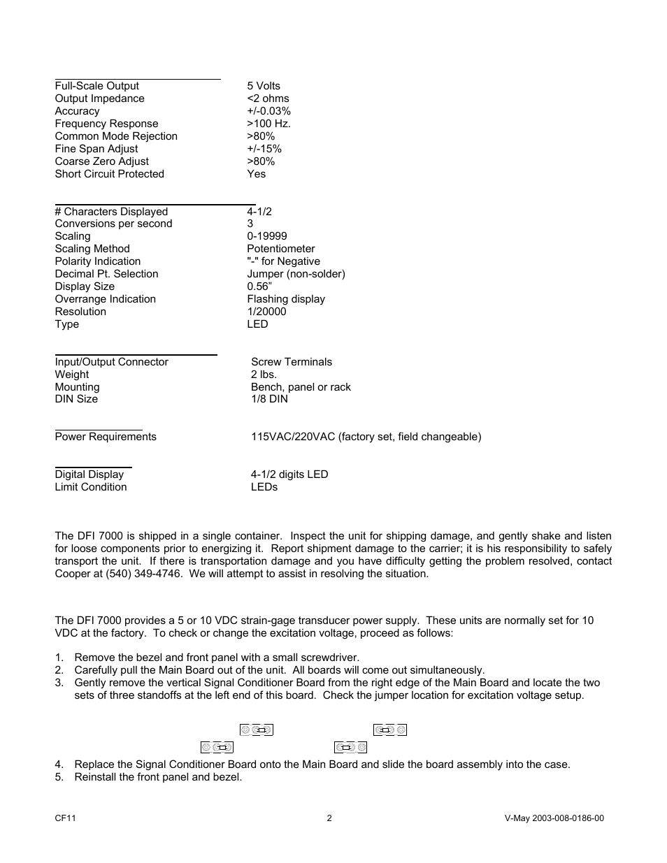 0 unpacking, installing and wiring | Cooper Instruments & Systems DFI 7000 Digital Force Indicator User Manual | Page 2 / 10