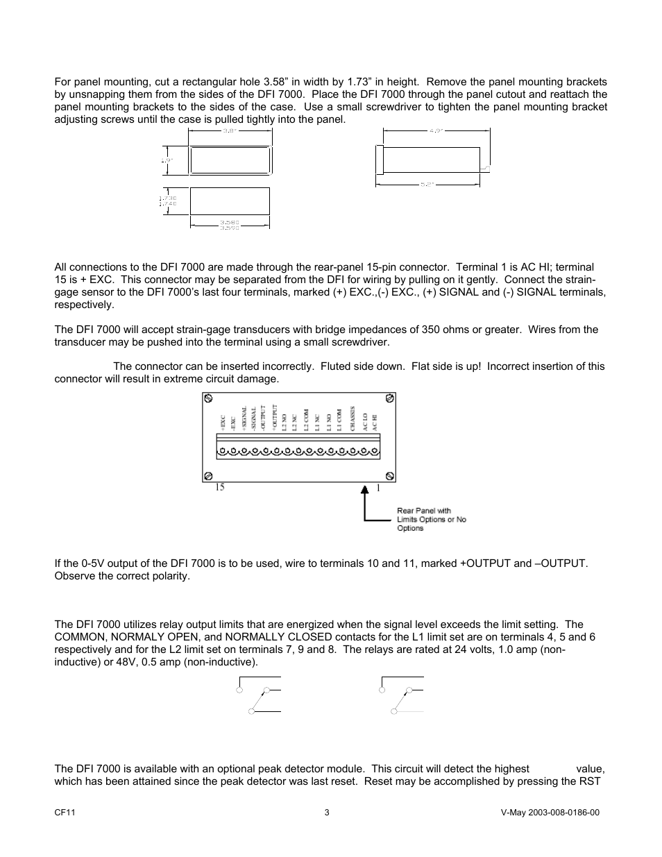2 mounting the unit, 3 wiring to the sensor, 4 wiring the output | 5 wiring to the optional limits, 6 wiring to the optional peak detector | Cooper Instruments & Systems DFI 7000 Digital Force Indicator User Manual | Page 3 / 10