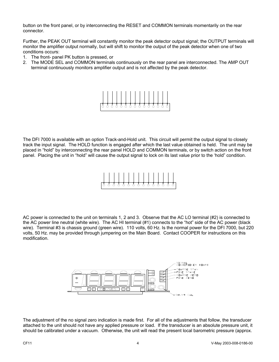 0 intial adjustments/setup, 7 wiring to the optional track-and-hold, 8 power connections | 1 zero adjustment, Rear panel with peak option | Cooper Instruments & Systems DFI 7000 Digital Force Indicator User Manual | Page 4 / 10