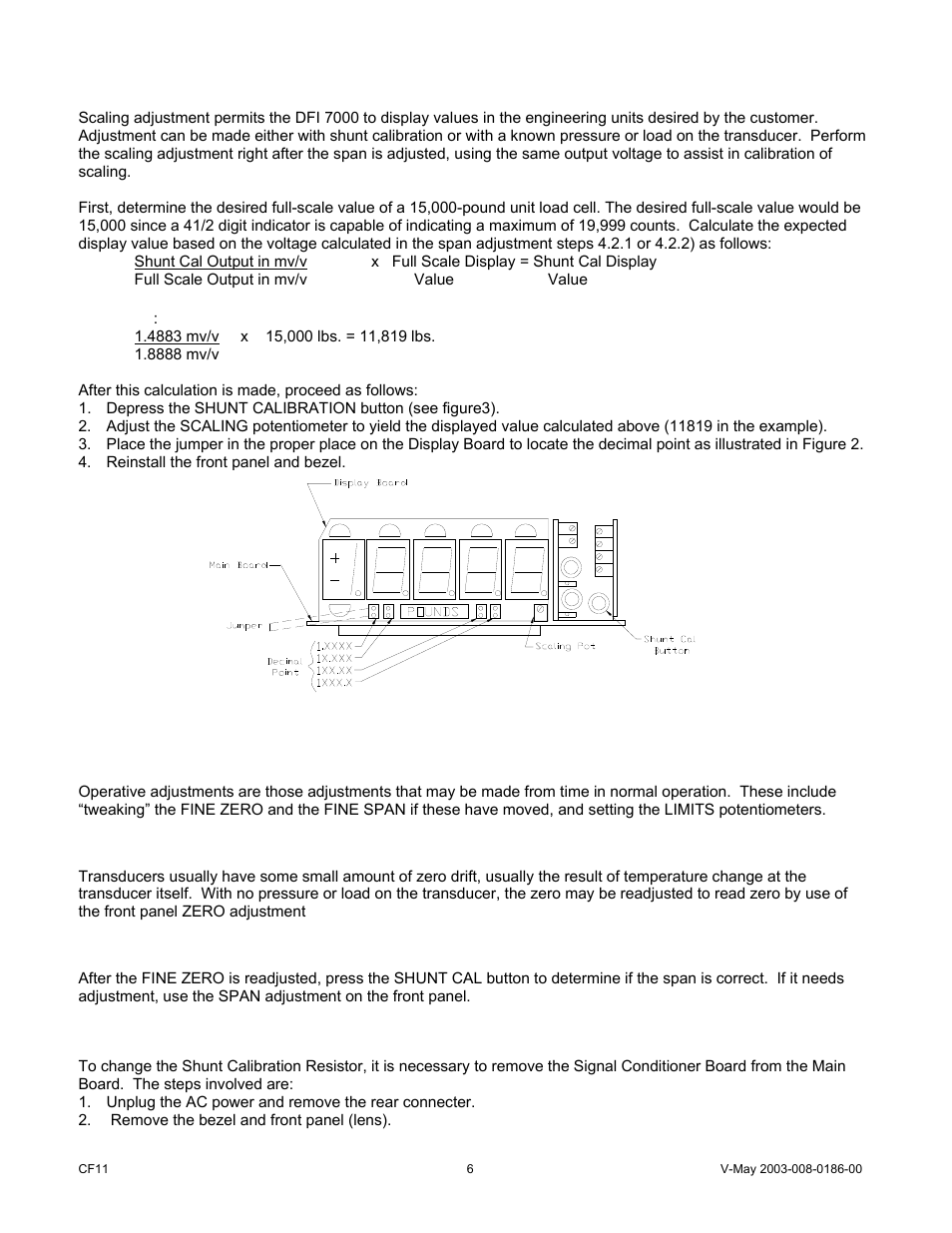 0 operative adjustments, 0 changing the shunt calibration resistor | Cooper Instruments & Systems DFI 7000 Digital Force Indicator User Manual | Page 6 / 10