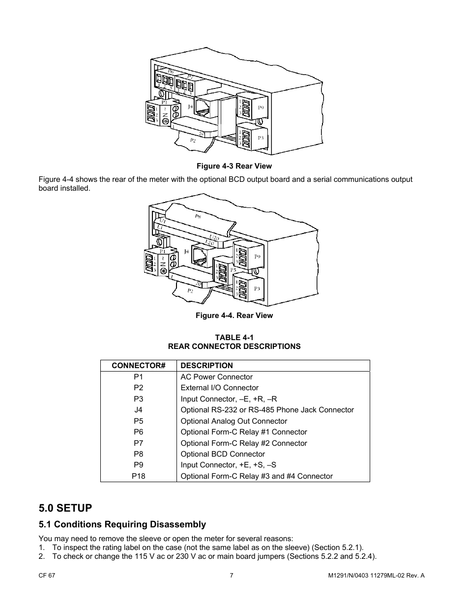 Table 4-1, Connector, 0 setup | 1 conditions requiring disassembly | Cooper Instruments & Systems DFI INFINITY Digital Force Indicator/Controller User Manual | Page 12 / 81