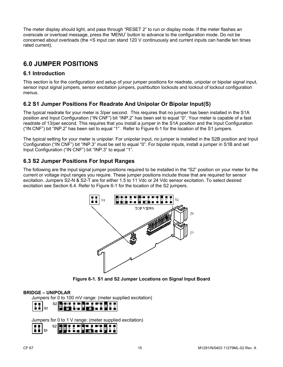 0 jumper positions, 1 introduction, 3 s2 jumper positions for input ranges | Cooper Instruments & Systems DFI INFINITY Digital Force Indicator/Controller User Manual | Page 20 / 81