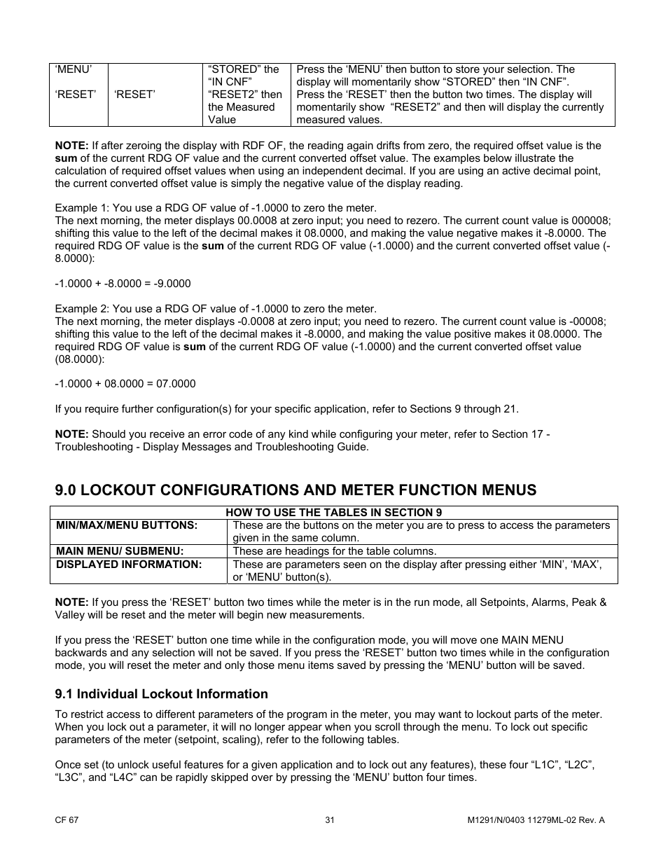 0 lockout configurations and meter function menus, How to use the tables in section 9, 1 individual lockout information | Cooper Instruments & Systems DFI INFINITY Digital Force Indicator/Controller User Manual | Page 36 / 81