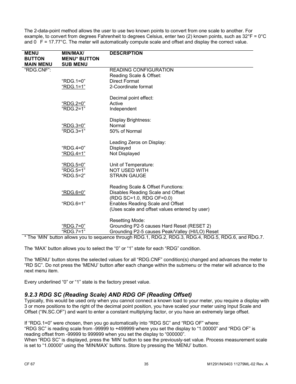 Rdg.1=1, Rdg.2=0, Rdg.3=0 | Rdg.4=1, Rdg.5=0, Rdg.6=0, Rdg.7=0 | Cooper Instruments & Systems DFI INFINITY Digital Force Indicator/Controller User Manual | Page 40 / 81
