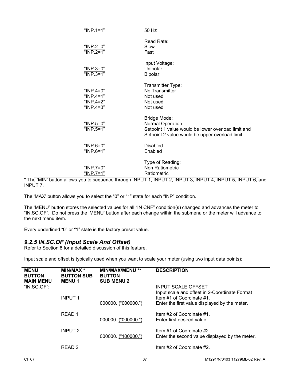 Inp.2=0, Inp.3=0, Inp.4=0 | Inp.5=0, Inp.6=0, Inp.7=1, 5 in.sc.of (input scale and offset) | Cooper Instruments & Systems DFI INFINITY Digital Force Indicator/Controller User Manual | Page 42 / 81