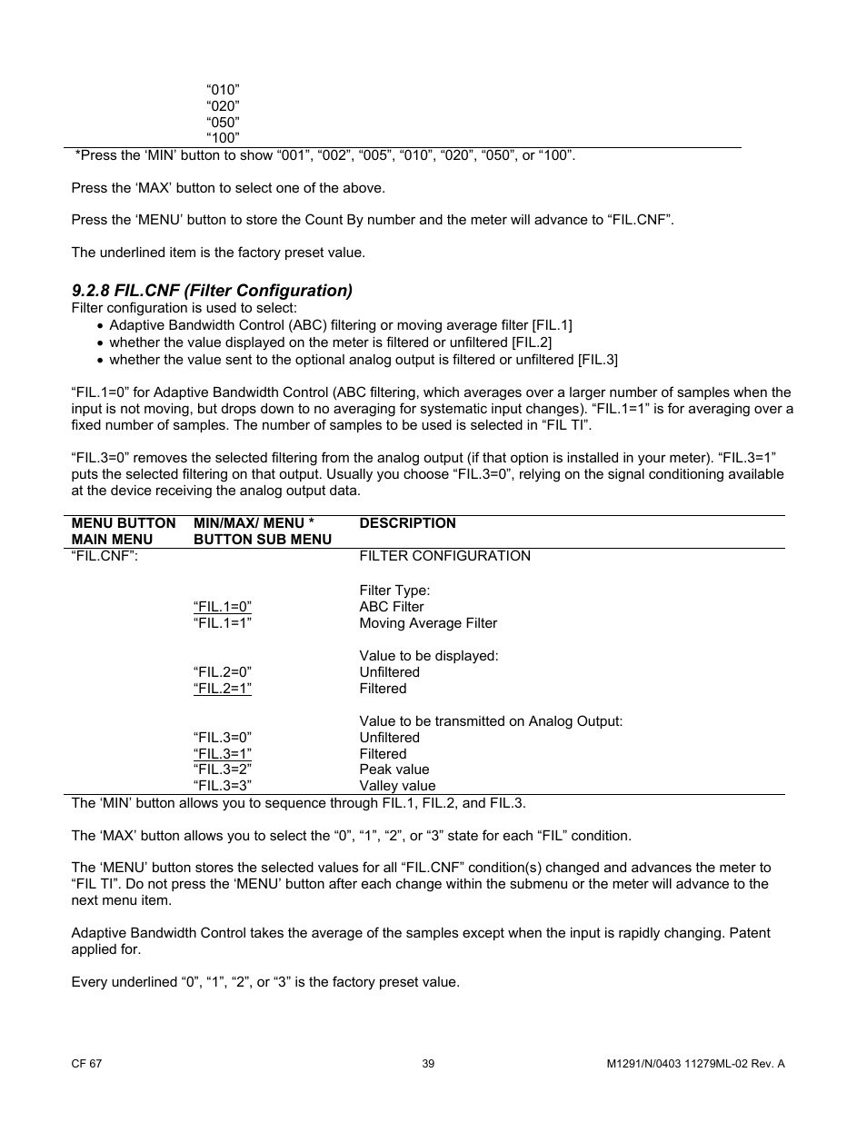 8 fil.cnf (filter configuration), Fil.1=0, Fil.2=1 | Fil.3=0, Fil.3=1, Fil.3=2, Fil.3=3 | Cooper Instruments & Systems DFI INFINITY Digital Force Indicator/Controller User Manual | Page 44 / 81