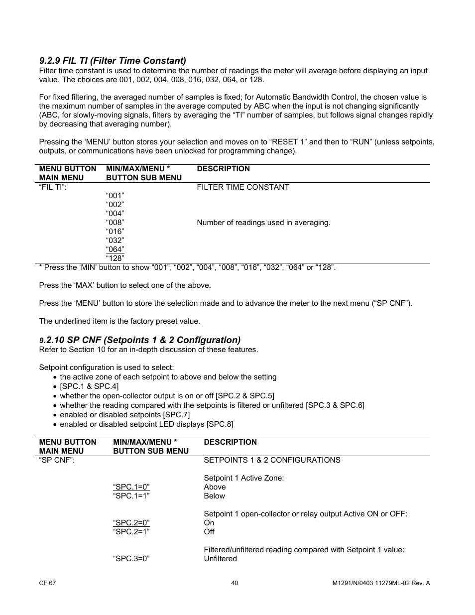 9 fil ti (filter time constant), 10 sp cnf (setpoints 1 & 2 configuration), Spc.1=0 | Spc.2=0 | Cooper Instruments & Systems DFI INFINITY Digital Force Indicator/Controller User Manual | Page 45 / 81