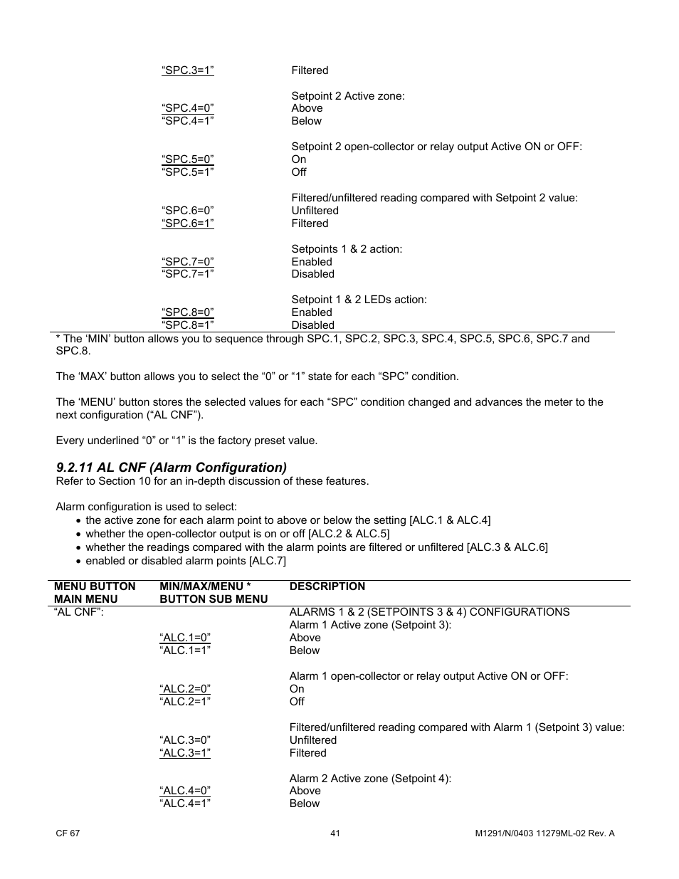 Spc.3=1, Spc.4=0, Spc.5=0 | Spc.6=1, Spc.7=0, Spc.8=0, 11 al cnf (alarm configuration), Alc.1=0, Alc.2=0, Alc.3=1 | Cooper Instruments & Systems DFI INFINITY Digital Force Indicator/Controller User Manual | Page 46 / 81