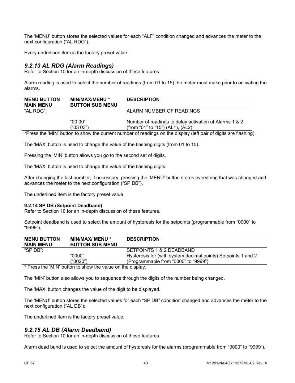 13 al rdg (alarm readings), 15 al db (alarm deadband) | Cooper Instruments & Systems DFI INFINITY Digital Force Indicator/Controller User Manual | Page 48 / 81