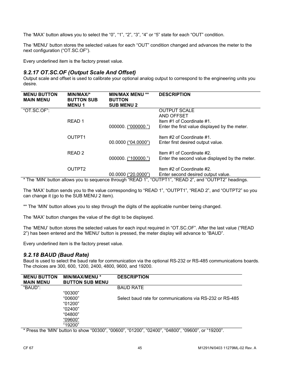 17 ot.sc.of (output scale and offset), 18 baud (baud rate) | Cooper Instruments & Systems DFI INFINITY Digital Force Indicator/Controller User Manual | Page 50 / 81