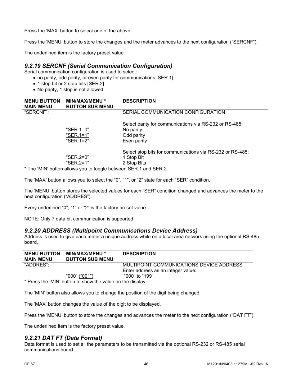 19 sercnf (serial communication configuration), 21 dat ft (data format) | Cooper Instruments & Systems DFI INFINITY Digital Force Indicator/Controller User Manual | Page 51 / 81