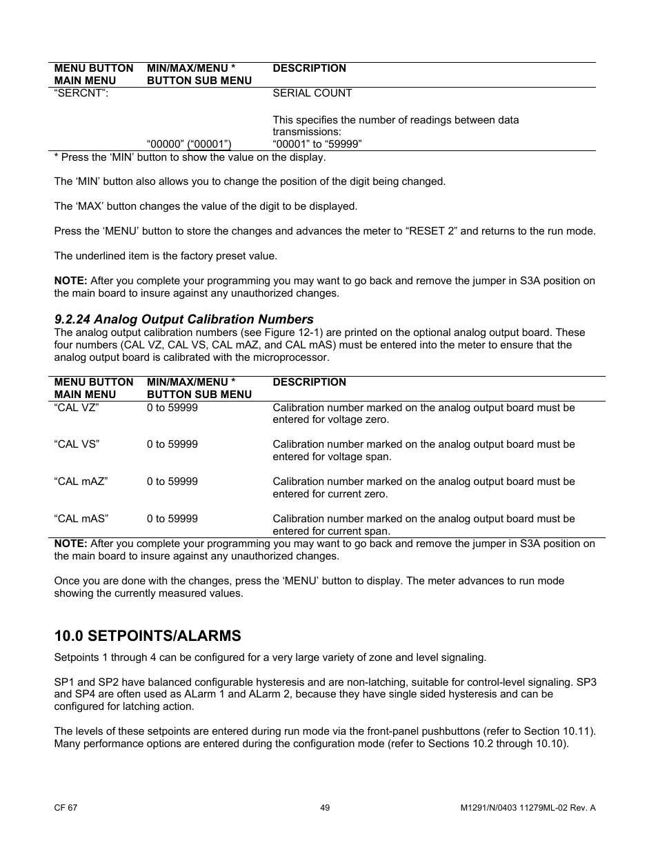 24 analog output calibration numbers, 0 setpoints/alarms | Cooper Instruments & Systems DFI INFINITY Digital Force Indicator/Controller User Manual | Page 54 / 81