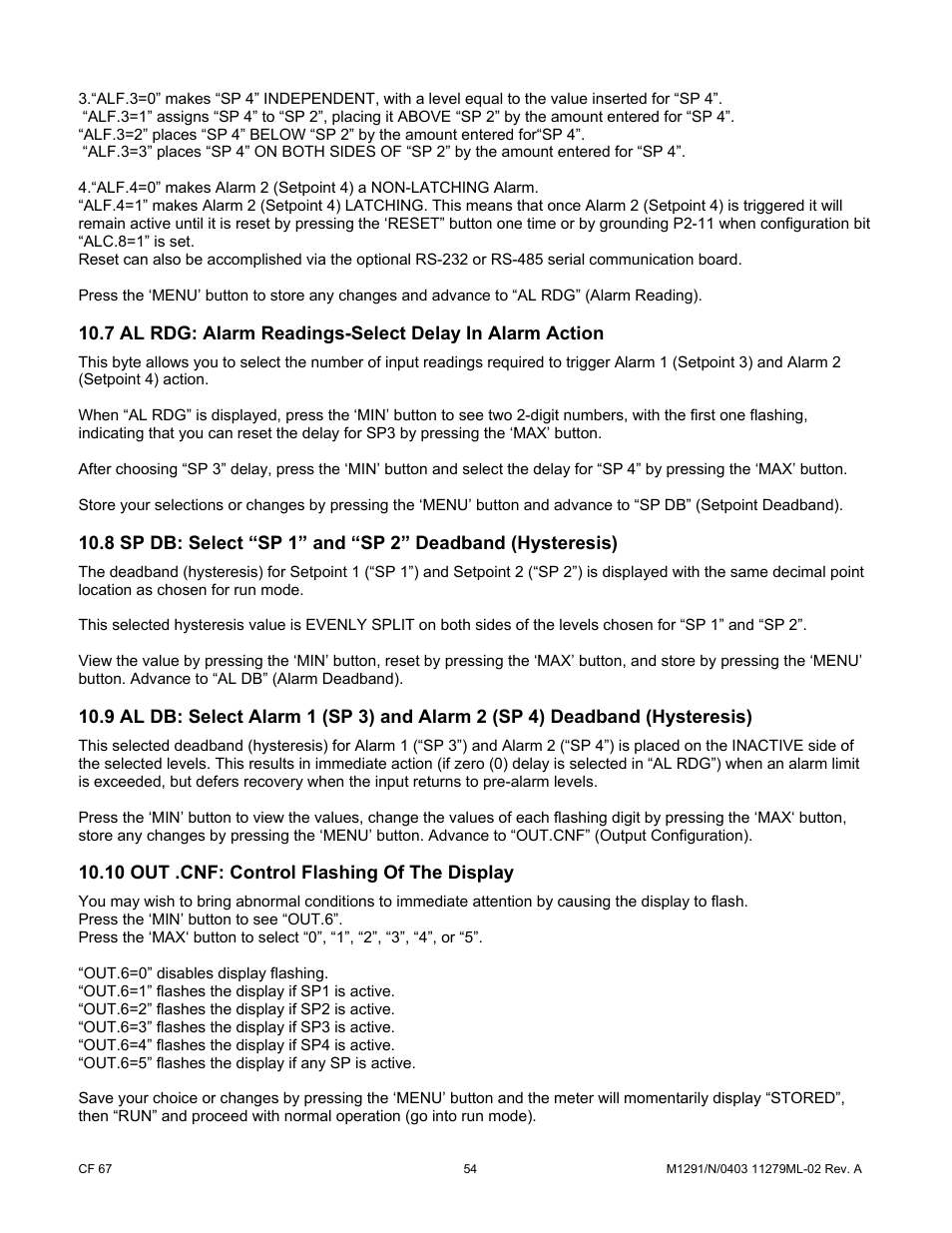 8 sp db: select “sp 1” and “sp 2” deadband, 10 out .cnf: control flashing of the display | Cooper Instruments & Systems DFI INFINITY Digital Force Indicator/Controller User Manual | Page 59 / 81