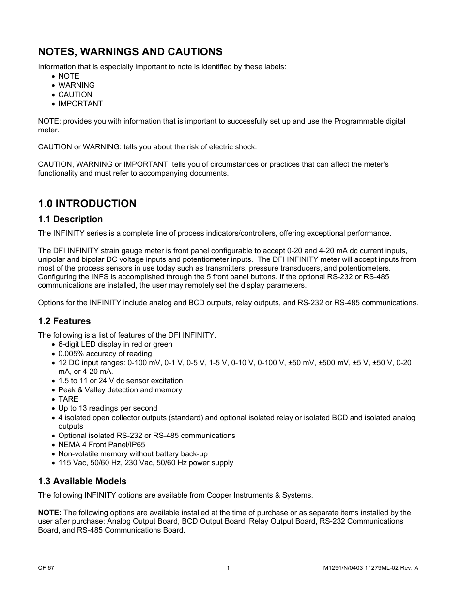Notes, warnings and cautions, 0 introduction, 1 description | 2 features, 3 available models, Notes, warnings and cautions 1.0 introduction | Cooper Instruments & Systems DFI INFINITY Digital Force Indicator/Controller User Manual | Page 6 / 81