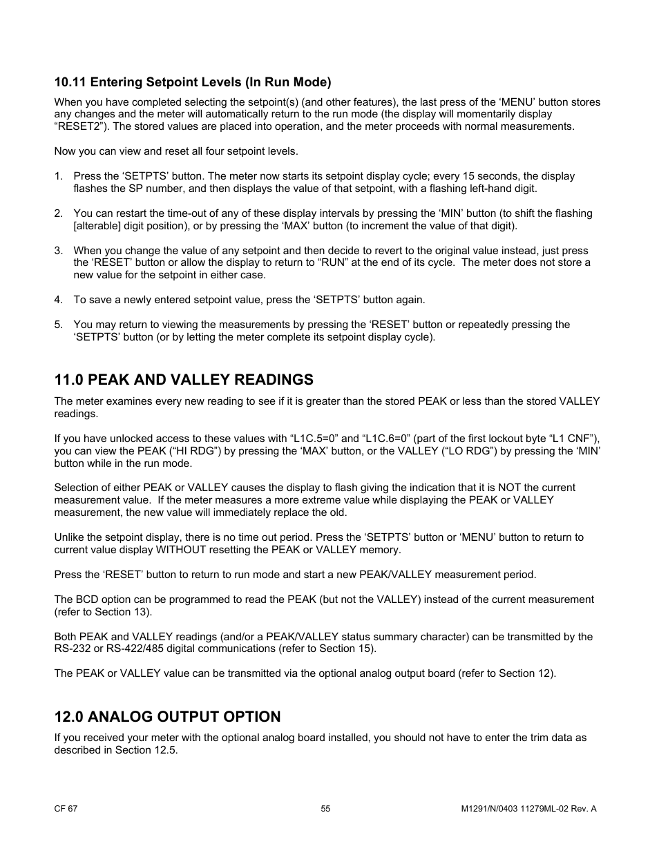 11 entering setpoint levels (in run mode), 0 peak and valley readings, 0 analog output option | Cooper Instruments & Systems DFI INFINITY Digital Force Indicator/Controller User Manual | Page 60 / 81
