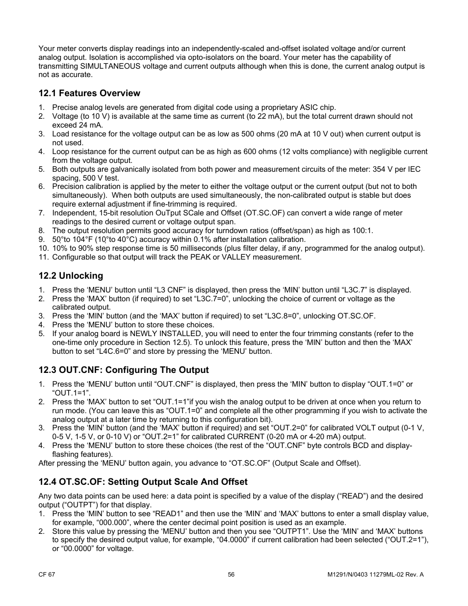 1 features overview, 2 unlocking, 3 out.cnf: configuring the output | 4 ot.sc.of: setting output scale and offset | Cooper Instruments & Systems DFI INFINITY Digital Force Indicator/Controller User Manual | Page 61 / 81