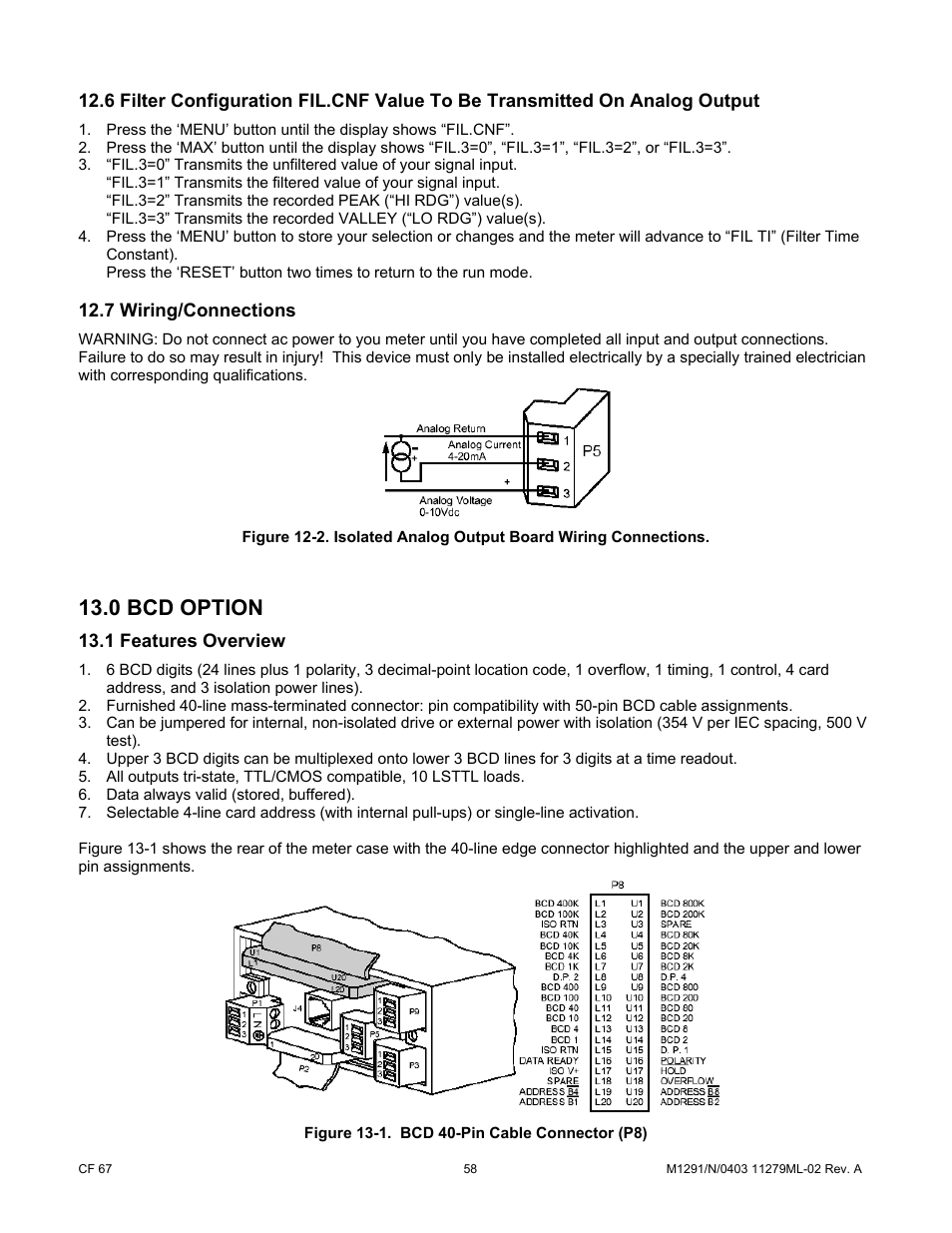7 wiring/connections, 0 bcd option, 1 features overview | Cooper Instruments & Systems DFI INFINITY Digital Force Indicator/Controller User Manual | Page 63 / 81