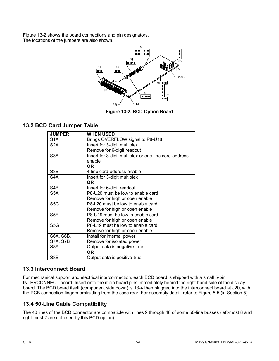 2 bcd card jumper table, 3 interconnect board, 4 50-line cable compatibility | Cooper Instruments & Systems DFI INFINITY Digital Force Indicator/Controller User Manual | Page 64 / 81