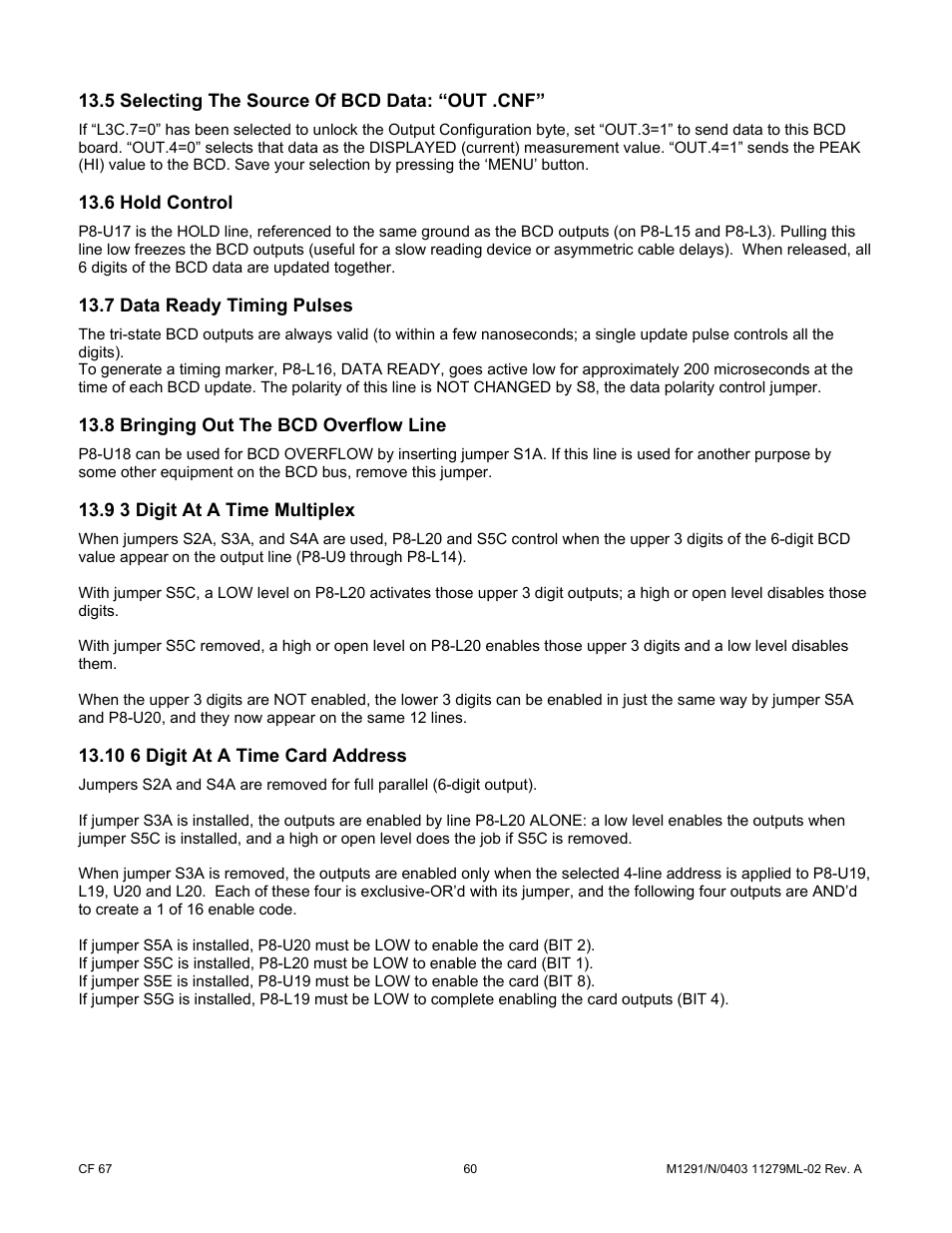 5 selecting the source of bcd data: “out .cnf, 6 hold control, 7 data ready timing pulses | 8 bringing out the bcd overflow line, 9 3 digit at a time multiplex, 10 6 digit at a time card address | Cooper Instruments & Systems DFI INFINITY Digital Force Indicator/Controller User Manual | Page 65 / 81