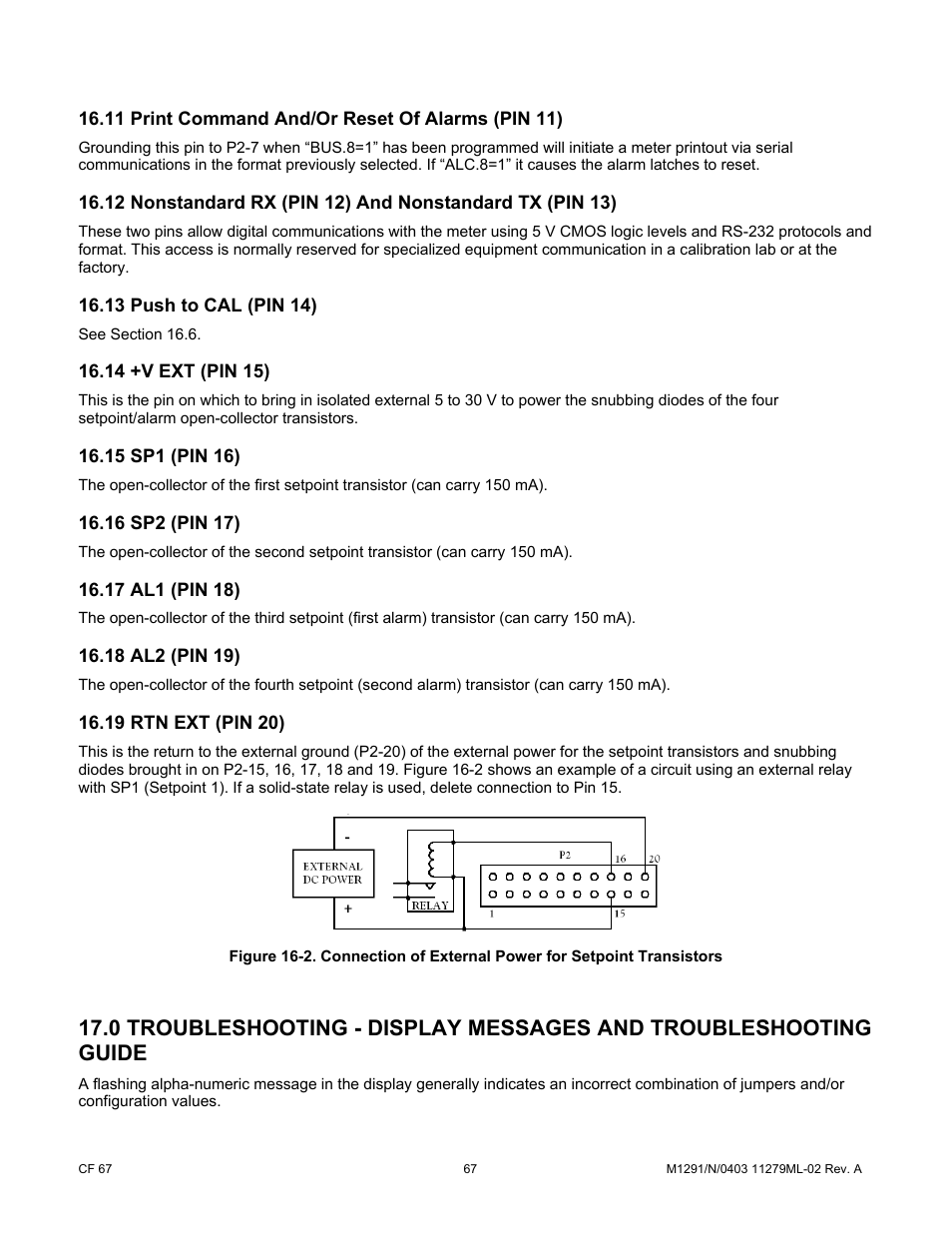 11 print command and/or reset of alarms (pin 11), 13 push to cal (pin 14), 14 +v ext (pin 15) | 15 sp1 (pin 16), 16 sp2 (pin 17), 17 al1 (pin 18), 18 al2 (pin 19), 19 rtn ext (pin 20) | Cooper Instruments & Systems DFI INFINITY Digital Force Indicator/Controller User Manual | Page 72 / 81