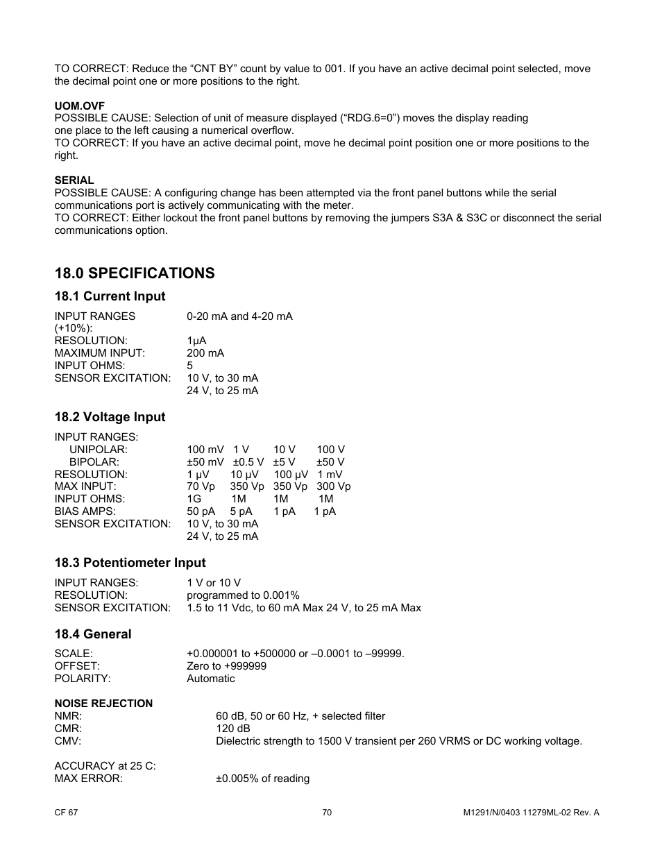 0 specifications, 1 current input, 2 voltage input | 3 potentiometer input, 4 general | Cooper Instruments & Systems DFI INFINITY Digital Force Indicator/Controller User Manual | Page 75 / 81