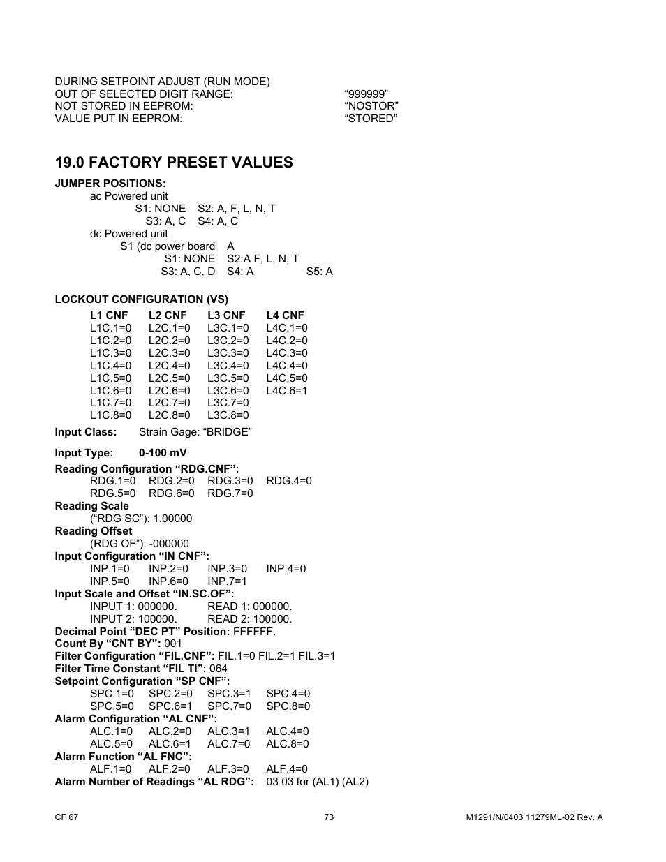 0 factory preset values | Cooper Instruments & Systems DFI INFINITY Digital Force Indicator/Controller User Manual | Page 78 / 81