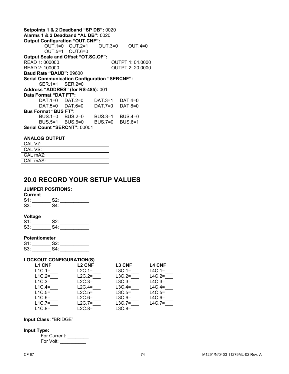 0 record your setup values | Cooper Instruments & Systems DFI INFINITY Digital Force Indicator/Controller User Manual | Page 79 / 81