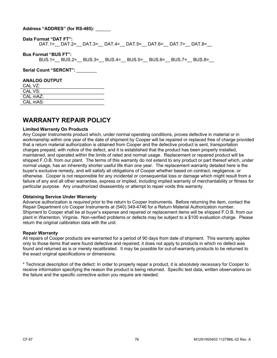 Warranty repair policy | Cooper Instruments & Systems DFI INFINITY Digital Force Indicator/Controller User Manual | Page 81 / 81