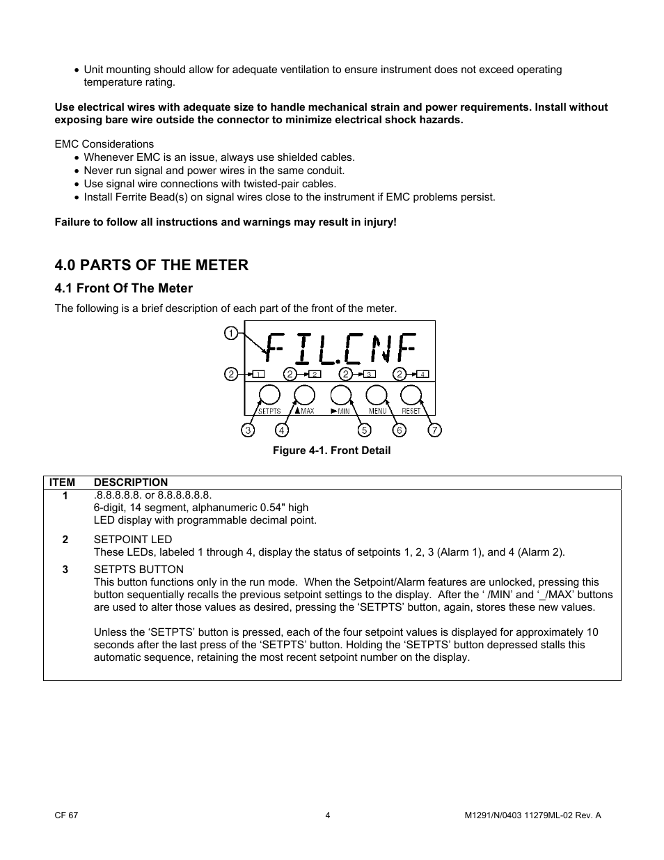0 parts of the meter, 1 front of the meter | Cooper Instruments & Systems DFI INFINITY Digital Force Indicator/Controller User Manual | Page 9 / 81