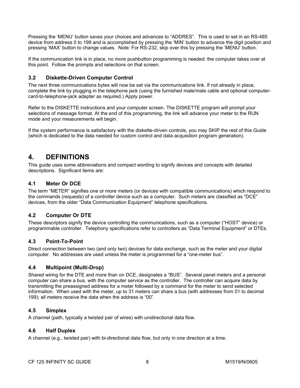 2diskette-driven computer control, Definitions, 1meter or dce | 2computer or dte, 3point-to-point, 4multipoint (multi-drop), 5simplex, 6half duplex, Diskette-driven computer control, Meter or dce | Cooper Instruments & Systems DFI INFINITY Digital Force Indicator/Controller User Manual | Page 12 / 78