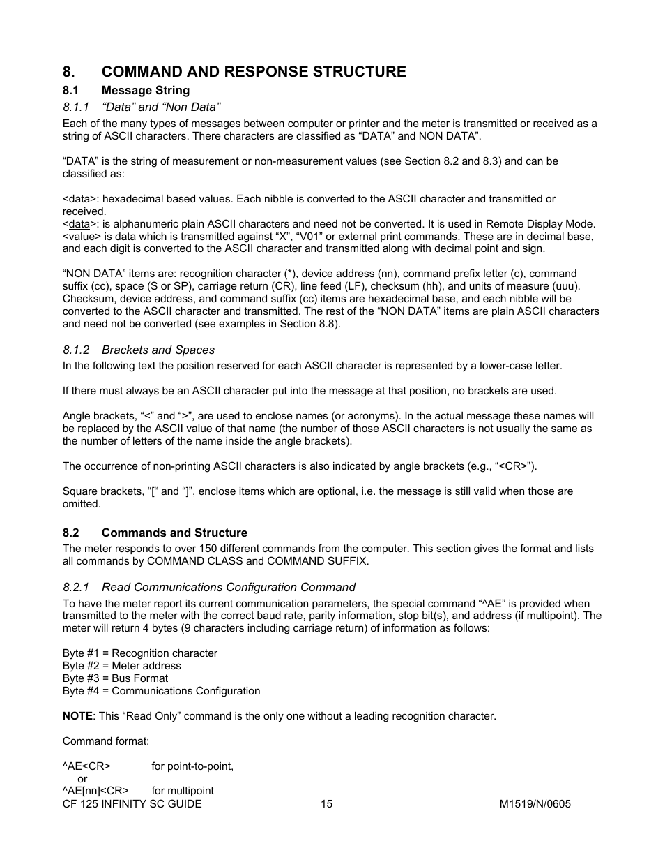 Command and response structure, 1message string, 1“data” and “non data | 2brackets and spaces, 2commands and structure, 1read communications configuration command, Message string, Data” and “non data, Brackets and spaces, Commands and structure | Cooper Instruments & Systems DFI INFINITY Digital Force Indicator/Controller User Manual | Page 19 / 78