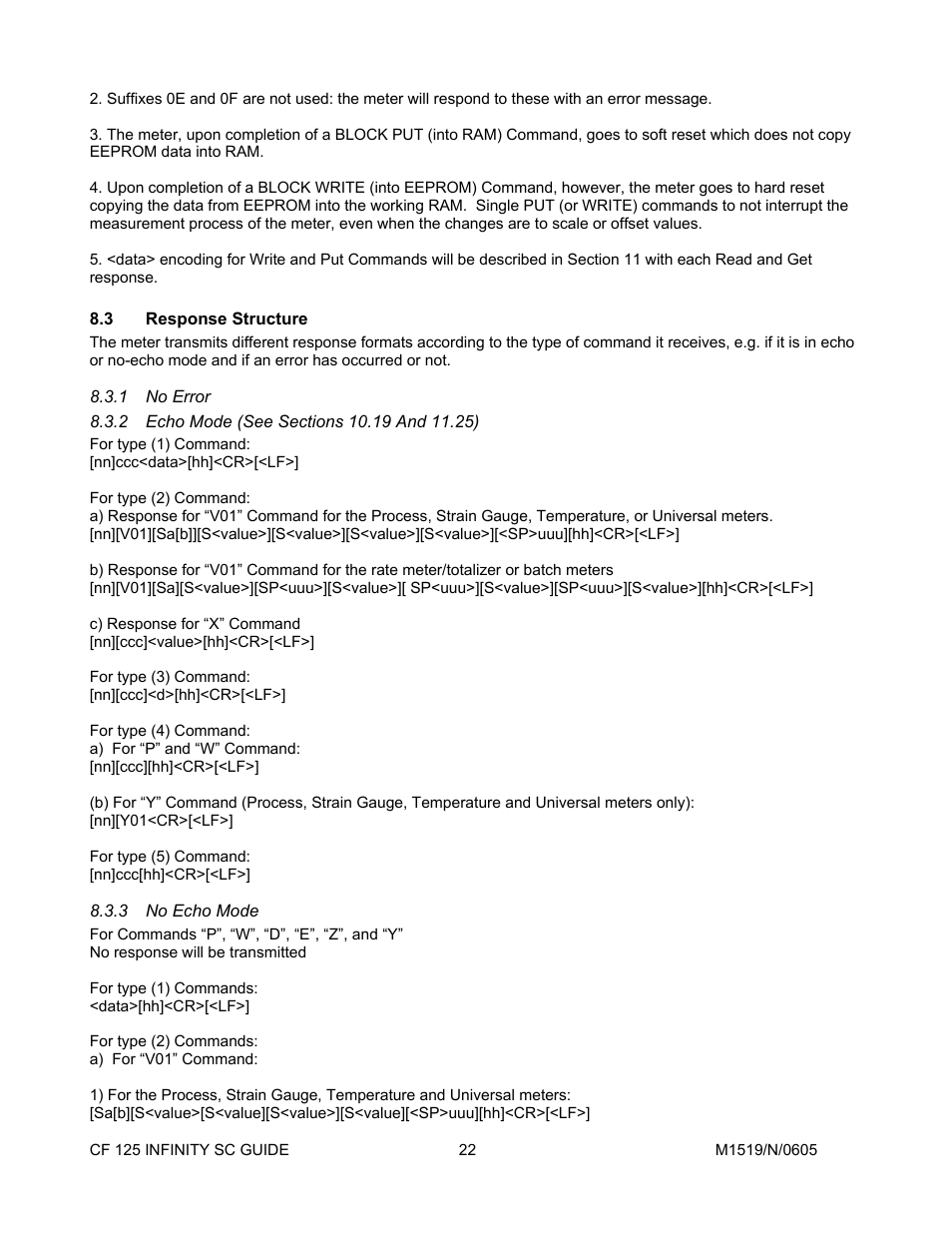 3response structure, 1no error, 2echo mode (see sections 10.19 and 11.25) | 3no echo mode, Response structure, No error, Echo mode (see sections 10.19 and 11.25), No echo mode | Cooper Instruments & Systems DFI INFINITY Digital Force Indicator/Controller User Manual | Page 26 / 78